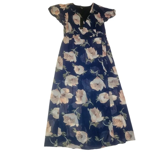 Always Indigo Faux Wrap Flowy Floral Maxi Dress 2X NWT 24 PTP Navy Pink Floral - Picture 4 of 12